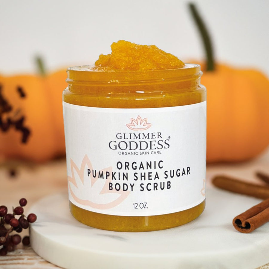 Organic Pumpkin Shea Sugar Body Scrub from Glimmer Goddess® with fall-inspired exfoliating sugar and pumpkin scent.