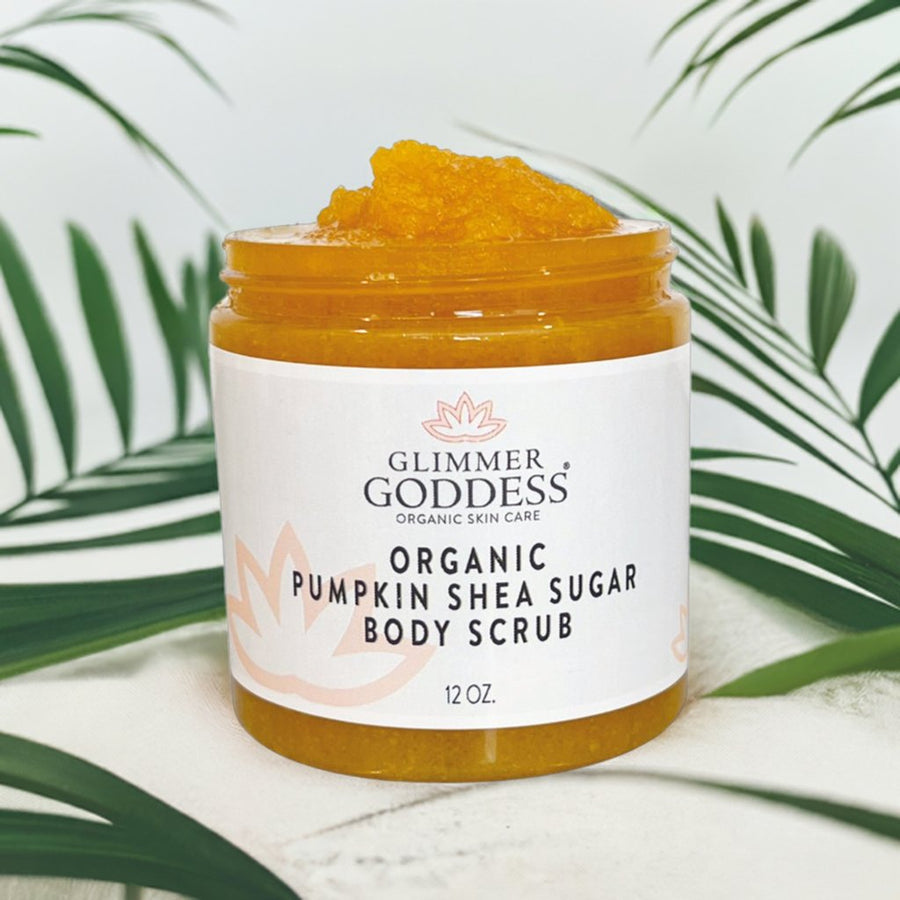 Organic Pumpkin Shea Sugar Body Scrub from Glimmer Goddess, fall-scented exfoliator with pumpkin and sugar for smooth skin.