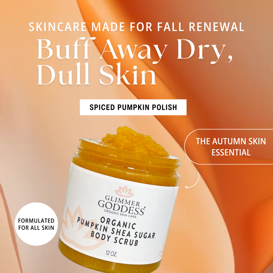 Organic Pumpkin Shea Sugar Body Scrub by Glimmer Goddess® with fall-inspired pumpkin and spice scent, exfoliating and moisturizing skin.