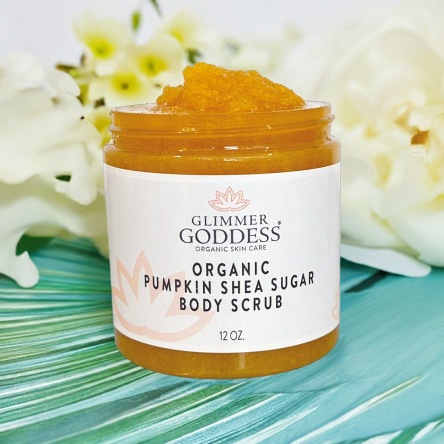 Organic Pumpkin Shea Sugar Body Scrub by Glimmer Goddess® with fall-scented exfoliating sugar and pumpkin for smooth skin.