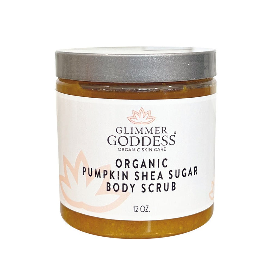 Organic Pumpkin Shea Sugar Body Scrub by Glimmer Goddess® with fall-inspired spiced pumpkin pie scent and exfoliating texture.