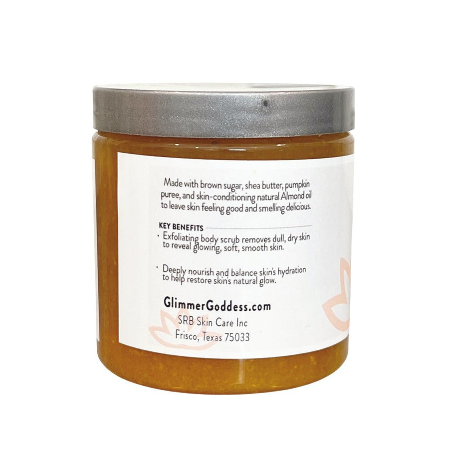 Organic Pumpkin Shea Sugar Body Scrub by Glimmer Goddess® with exfoliating sugar and fall-inspired pumpkin scent, perfect for smooth skin.