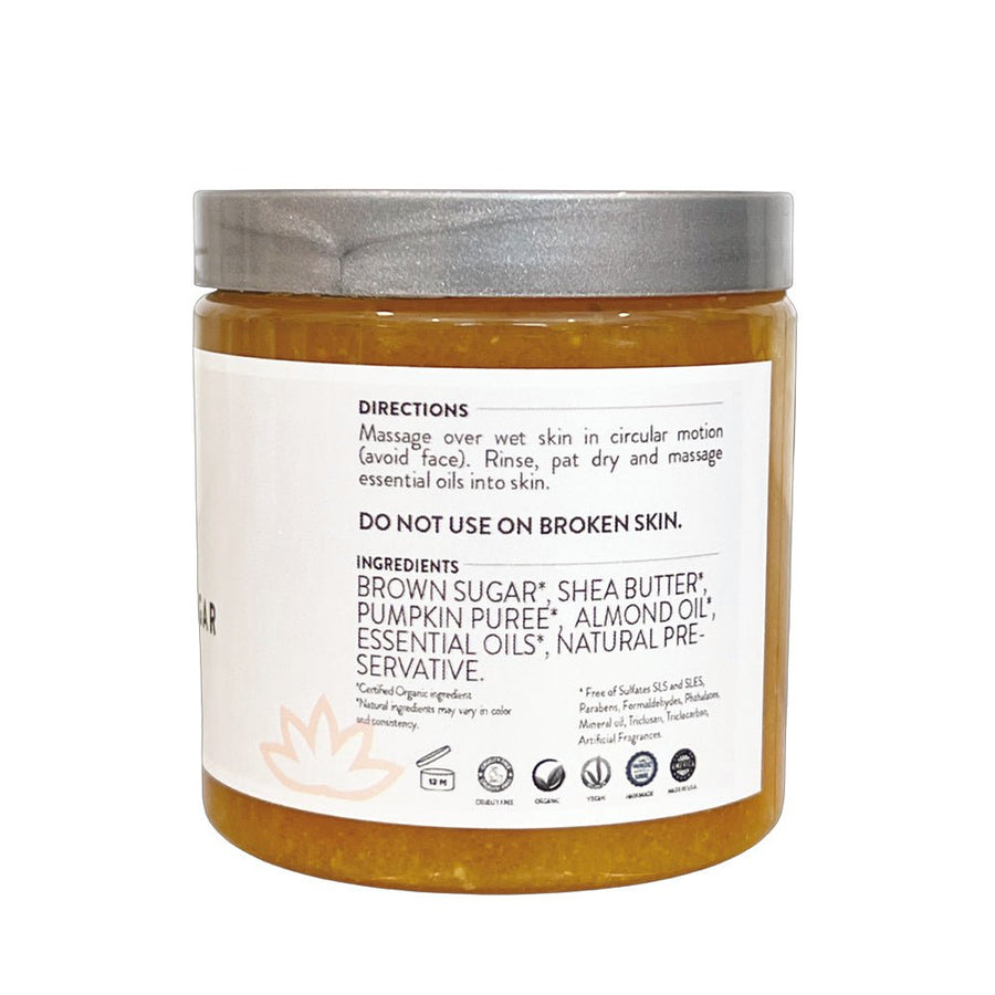 Organic Pumpkin Shea Sugar Body Scrub by Glimmer Goddess® with exfoliating sugar, pumpkin, and warm fall scent in a jar.