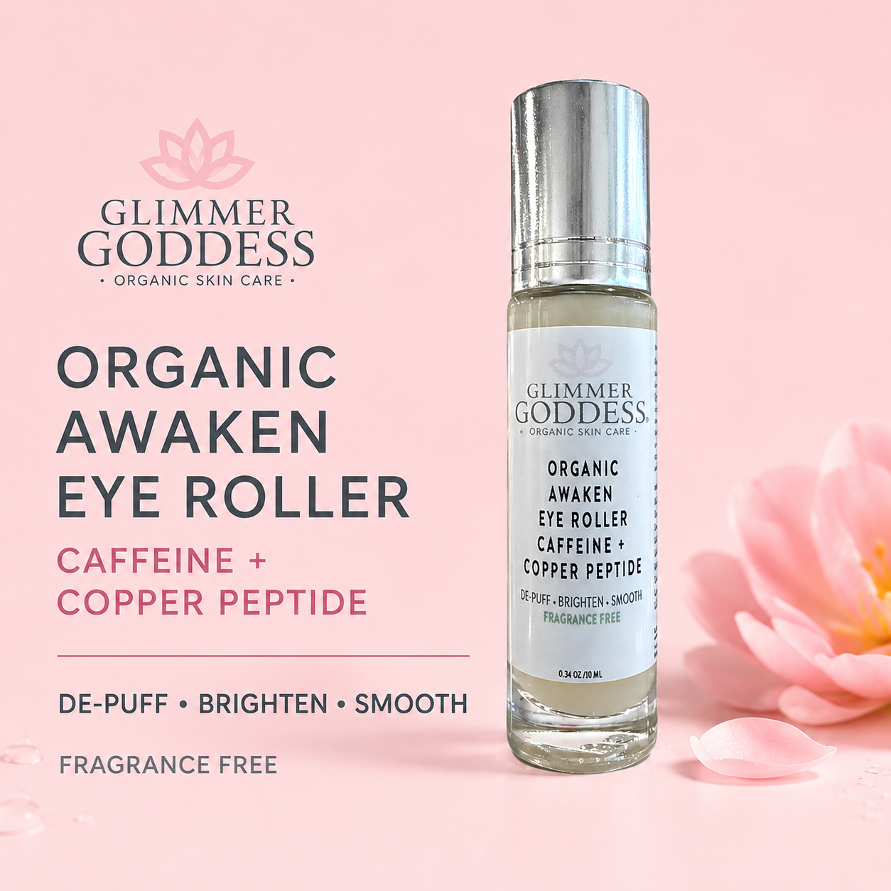 Glimmer Goddess® organic cooling eye roller with metal rollerball, designed to reduce puffiness, dark circles, and tired eyes.