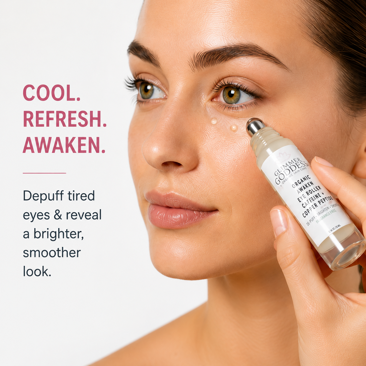 Glimmer Goddess organic cooling eye roller applying to under-eye area, reducing puffiness, dark circles, and tired eyes.