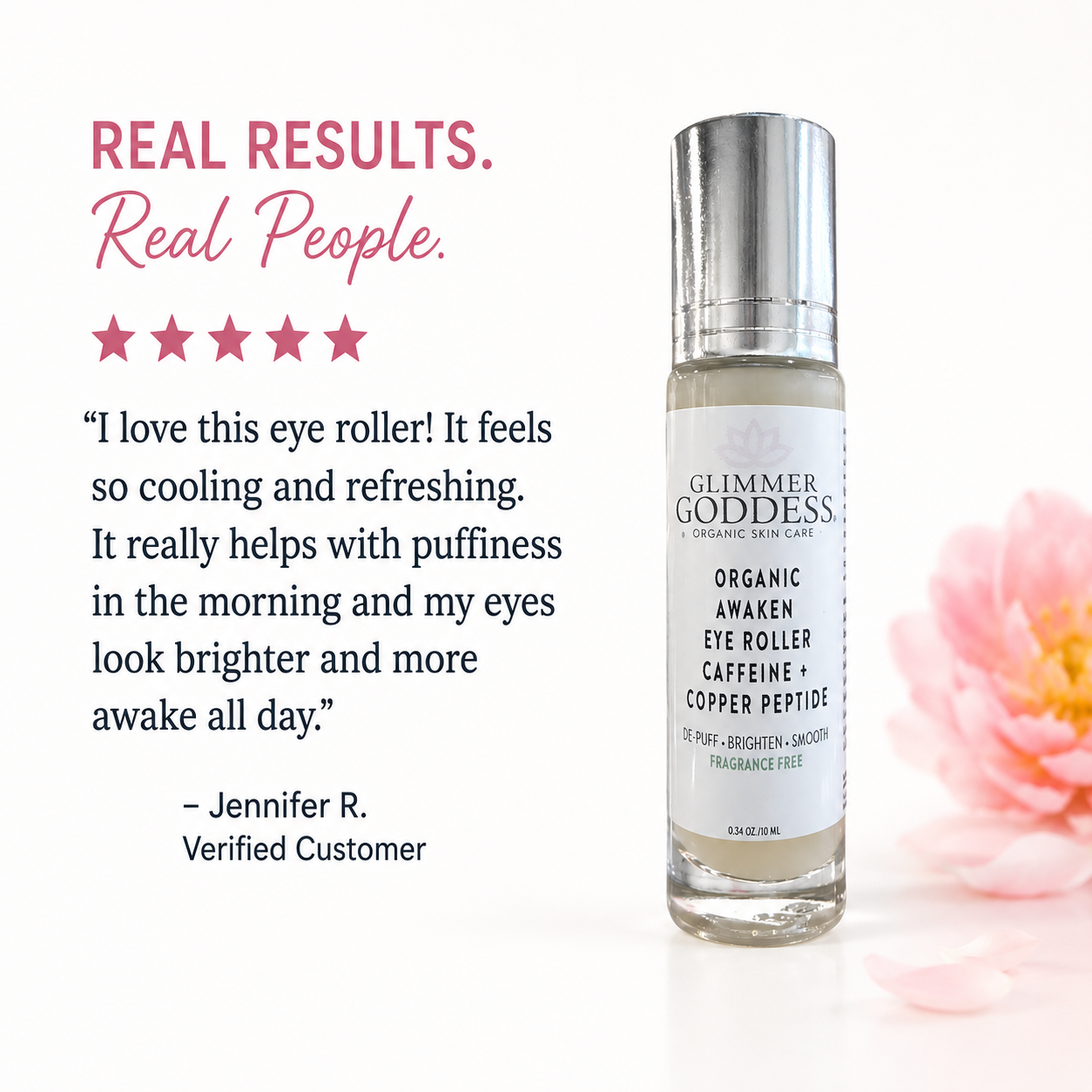 Glimmer Goddess® organic cooling eye roller for puffiness, dark circles, and tired-looking eyes, with a sleek applicator and calming design.