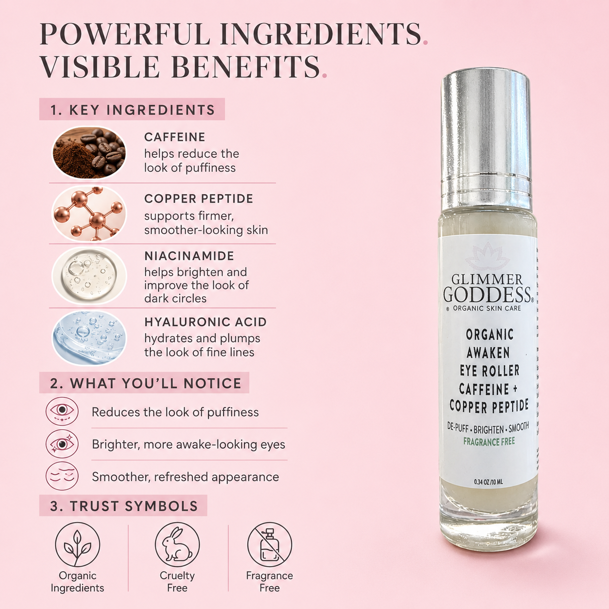 Glimmer Goddess Organic Skin Care Cooling Eye Roller for puffiness, dark circles, and tired-looking eyes, with metal roller ball.