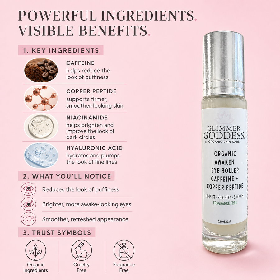 Glimmer Goddess Organic Skin Care Cooling Eye Roller for puffiness, dark circles, and tired-looking eyes, with metal roller ball.