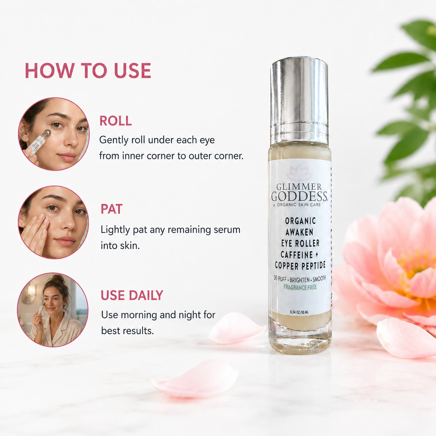 Cooling eye roller by Glimmer Goddess Organic Skin Care for puffiness, dark circles, and tired-looking eyes.