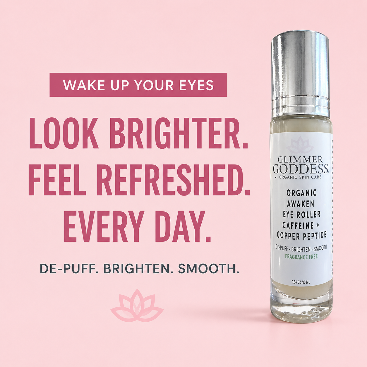 Glimmer Goddess Organic Skin Care cooling eye roller for puffiness, dark circles, and tired-looking eyes, with stainless steel rollerball.