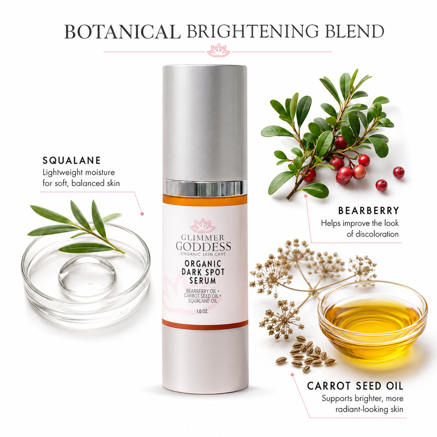 Organic Dark Spot Serum by Glimmer Goddess® for face, showing a 1 oz bottle designed to fade hyperpigmentation and even skin tone.