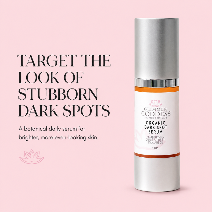 Glimmer Goddess Organic Dark Spot Serum for face, helps fade hyperpigmentation and evens skin tone with natural ingredients.