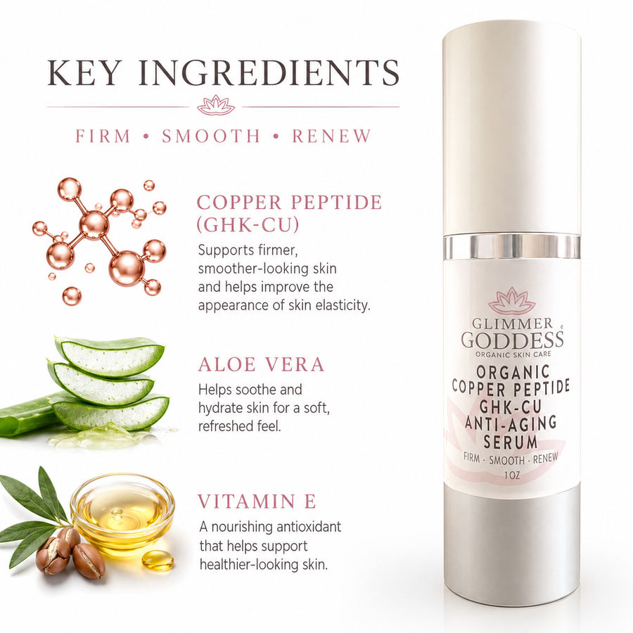 Organic Copper Peptide Serum by Glimmer Goddess® for face, showing a glass bottle with dropper, lightly scented with essential oils.