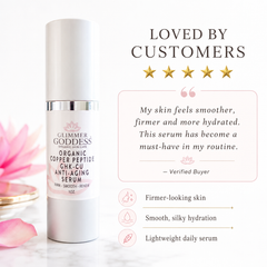 Organic Copper Peptide Serum by Glimmer Goddess® for face, featuring a light scent, firming and smoothing skin.