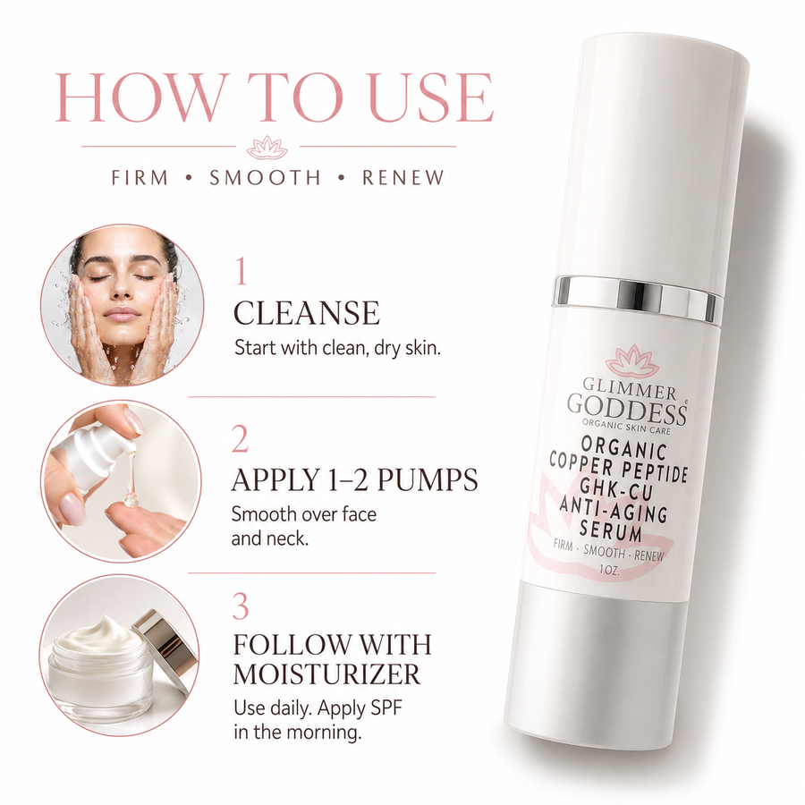 Organic Copper Peptide Serum by Glimmer Goddess® for face, showing the serum bottle with a natural, lightly scented appearance.