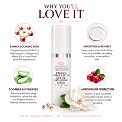Organic Copper Peptide Serum by Glimmer Goddess® for face, showing a glass dropper bottle with serum and essential oils.