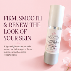 Organic Copper Peptide Serum by Glimmer Goddess® for firming and smoothing face skin, lightly scented with essential oils.