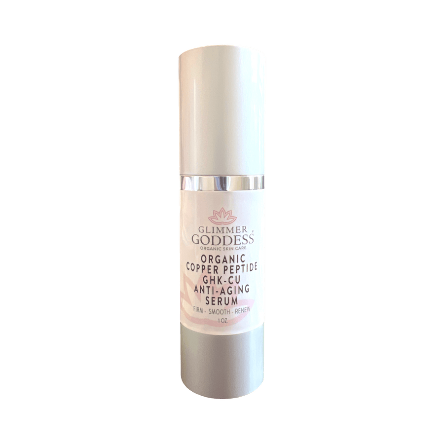 Organic Copper Peptide Serum by Glimmer Goddess, a face serum for firming and smoothing skin with a lightly scented organic formula.