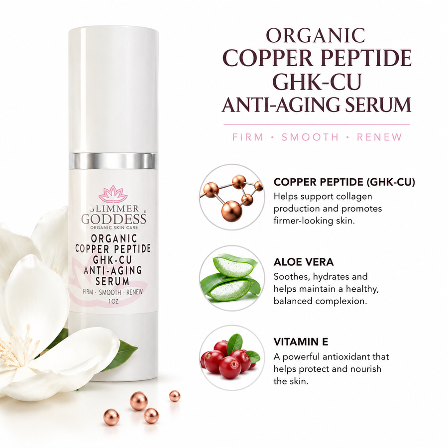 Organic Copper Peptide Serum by Glimmer Goddess® for face, showing a glass dropper bottle with serum and natural ingredients.