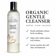 Organic Sensitive Skin Cleanser by Glimmer Goddess, gentle AHA face wash in a clear bottle with a pump for sensitive skin.