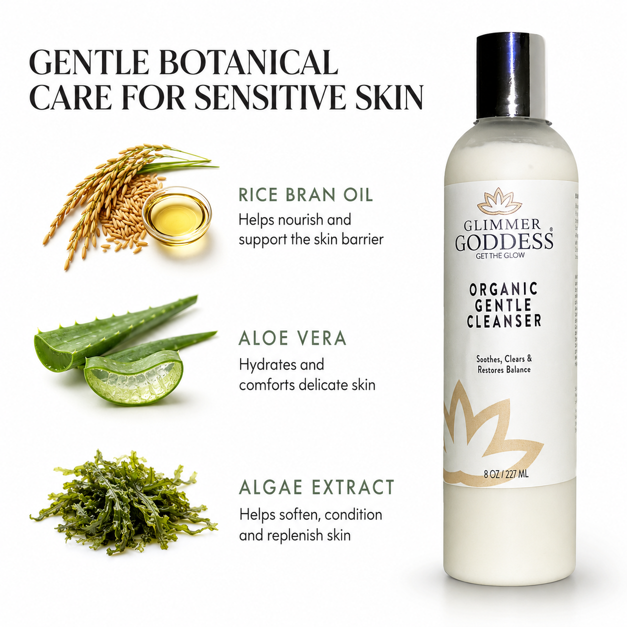 Organic Sensitive Skin Cleanser by Glimmer Goddess, gentle AHA face wash for sensitive skin, with natural botanical ingredients.