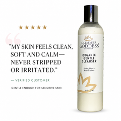 Organic Sensitive Skin Cleanser by Glimmer Goddess, gentle AHA face wash for sensitive skin in a clear pump bottle