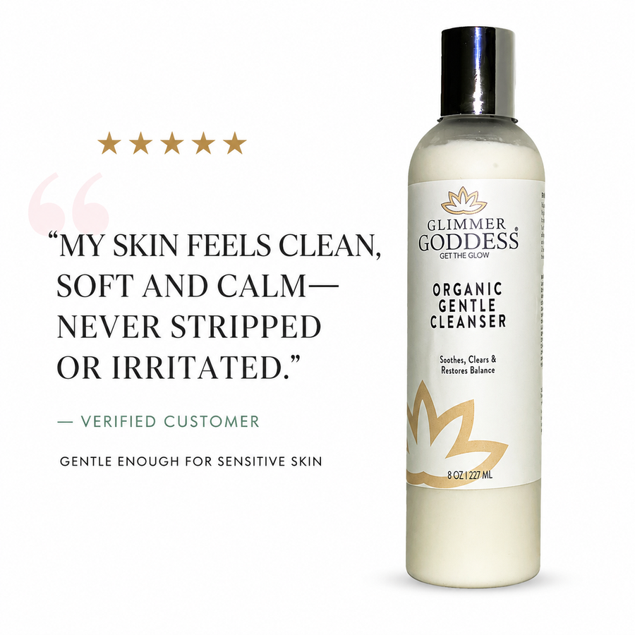 Organic Sensitive Skin Cleanser by Glimmer Goddess, gentle AHA face wash for sensitive skin in a clear pump bottle