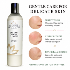 Organic Sensitive Skin Cleanser by Glimmer Goddess® facial cleanser, gentle AHA face wash for sensitive skin, mild and nourishing.