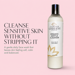 Organic Sensitive Skin Cleanser by Glimmer Goddess®: gentle AHA face wash for sensitive skin in a clear bottle