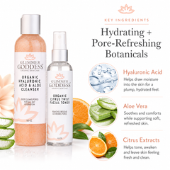 Glimmer Goddess Organic Skin Care Fresh Start Duo facial cleansing kit with hydrating cleanser and toner for refreshed skin