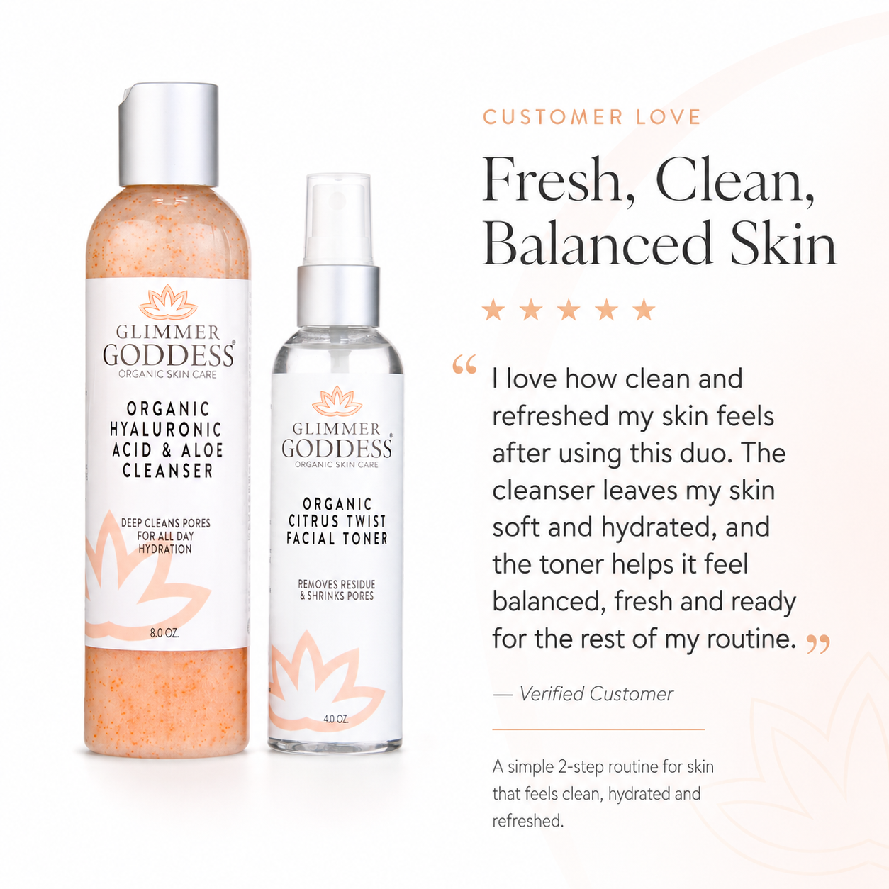 Glimmer Goddess Organic Skin Care Fresh Start Duo with hydrating facial cleanser and toner in a skincare kit