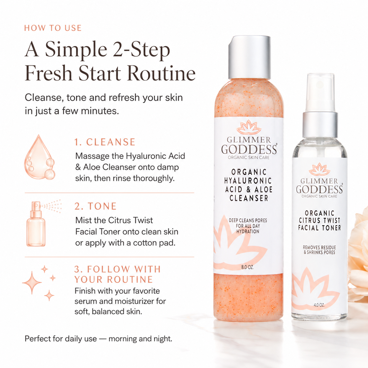 Glimmer Goddess Organic Skin Care Fresh Start Duo facial cleansing kit with hydrating cleanser and toner for radiant skin