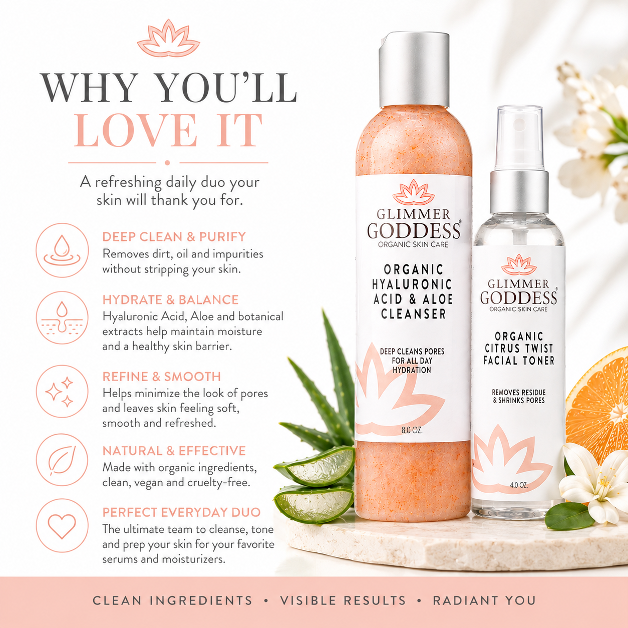 Glimmer Goddess Organic Skin Care Fresh Start Duo facial cleansing kit with hydrating cleanser and toner for glowing skin.