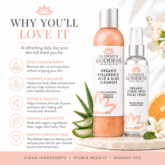 Glimmer Goddess Organic Skin Care Fresh Start Duo facial cleansing kit with hydrating cleanser and toner for glowing skin.