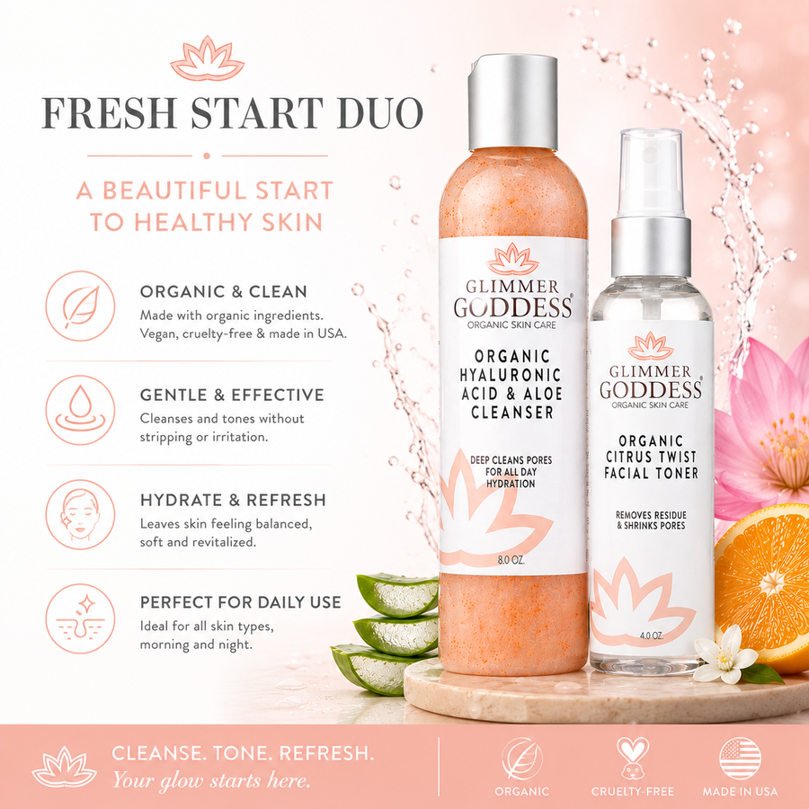 Glimmer Goddess Organic Skin Care Fresh Start Duo facial cleansing kit with hydrating cleanser and toner for refreshed skin.