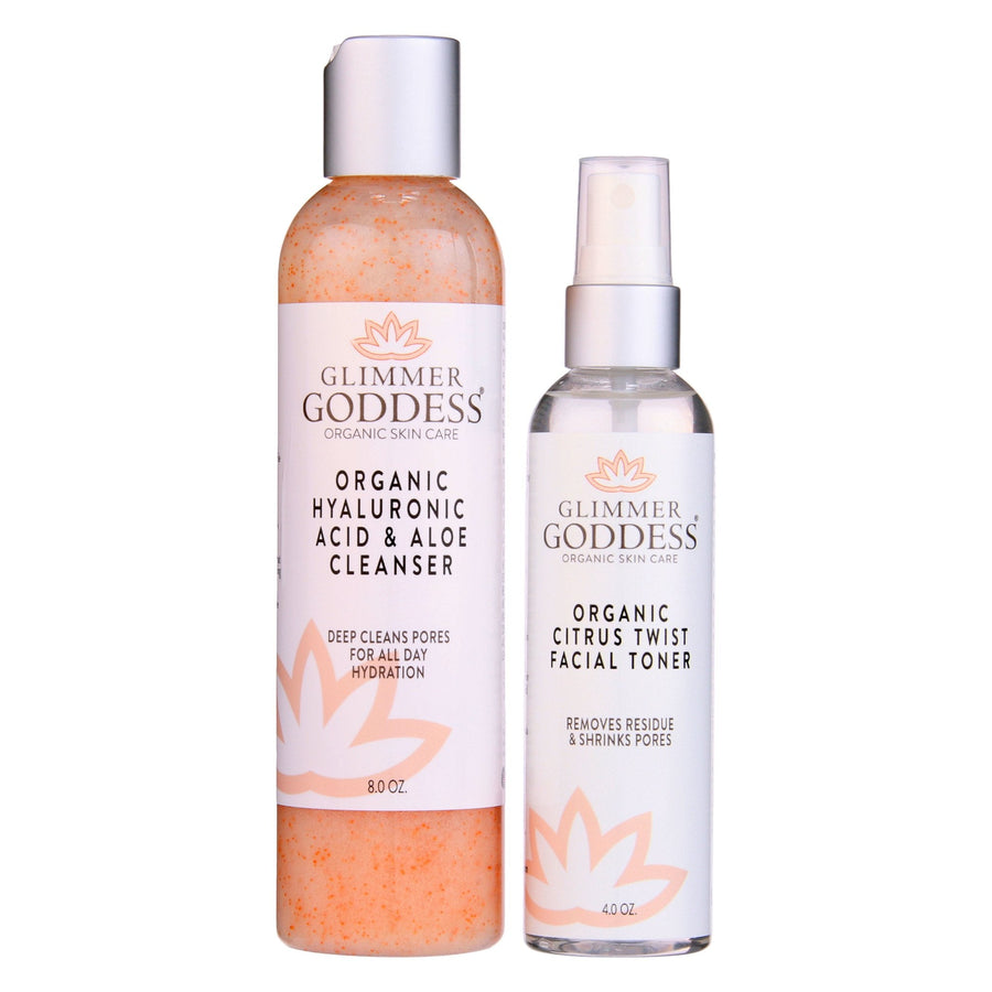 Glimmer Goddess Organic Skin Care Fresh Start Duo with hydrating facial cleanser and toner in a skincare kit