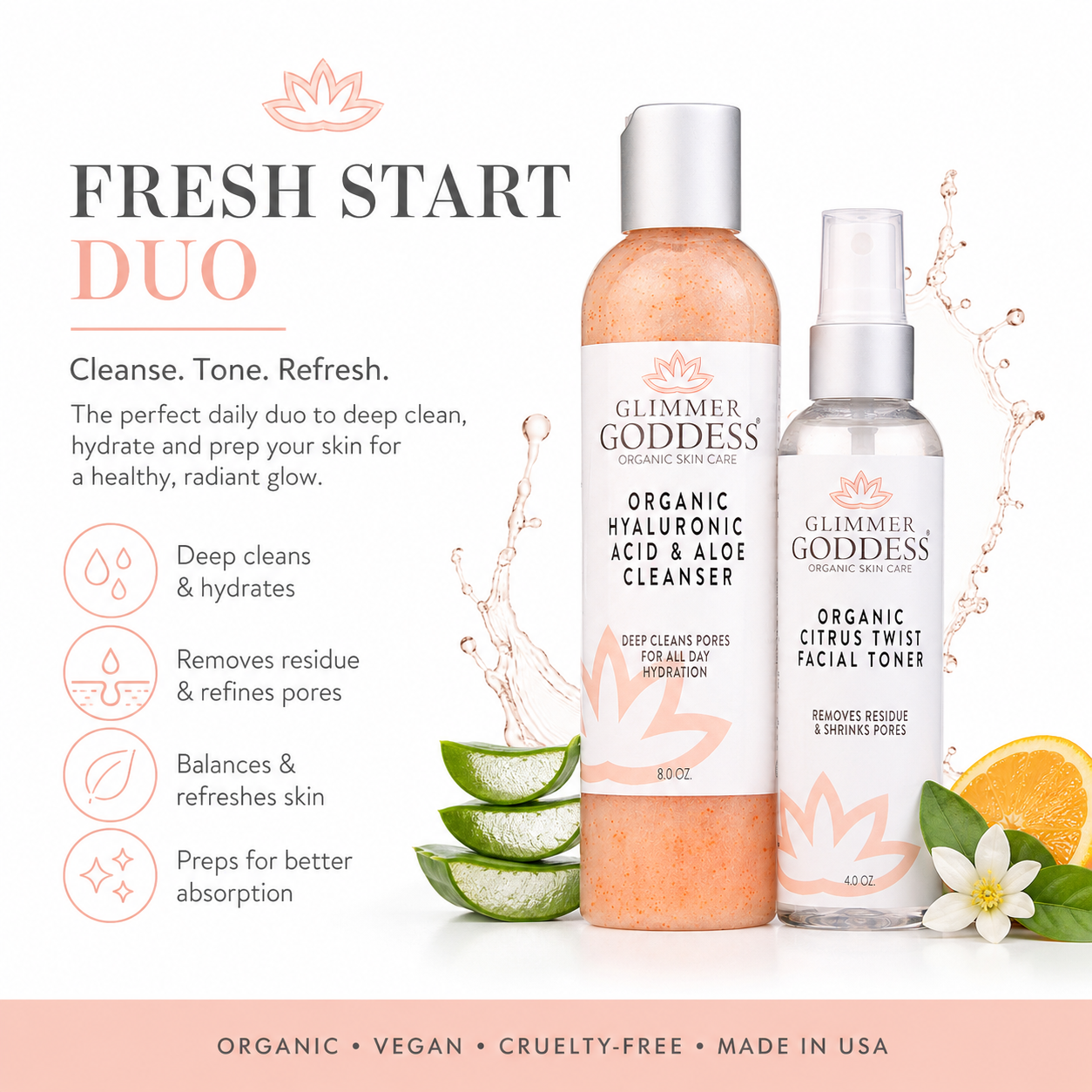 Glimmer Goddess Organic Skin Care Fresh Start Duo with hydrating cleanser and toner in a facial cleansing kit.