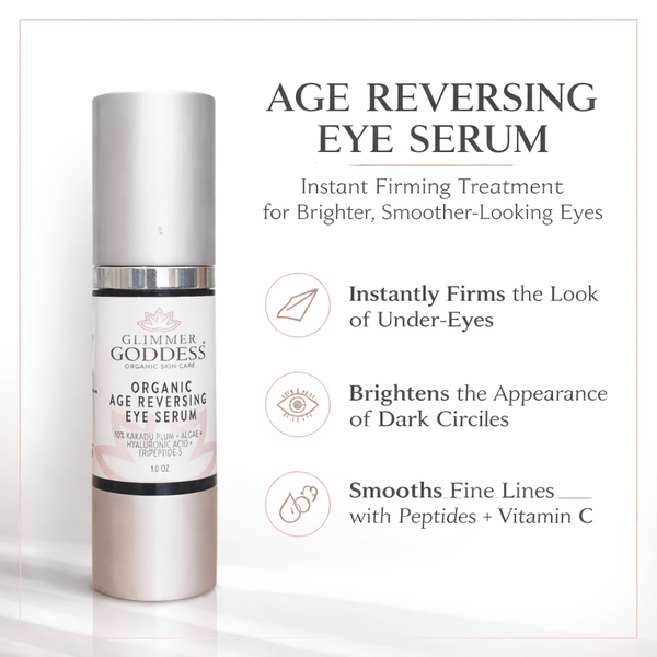 Organic Age Reversing Eye Serum for eyes by Glimmer Goddess® Organic Skin Care, showing the serum bottle with a sleek design.
