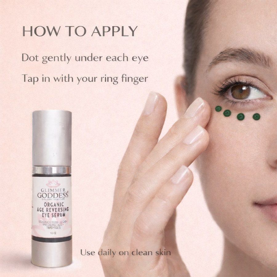 Organic Age Reversing Eye Serum for eyes from Glimmer Goddess® Organic Skin Care, showing the serum applicator and product packaging.
