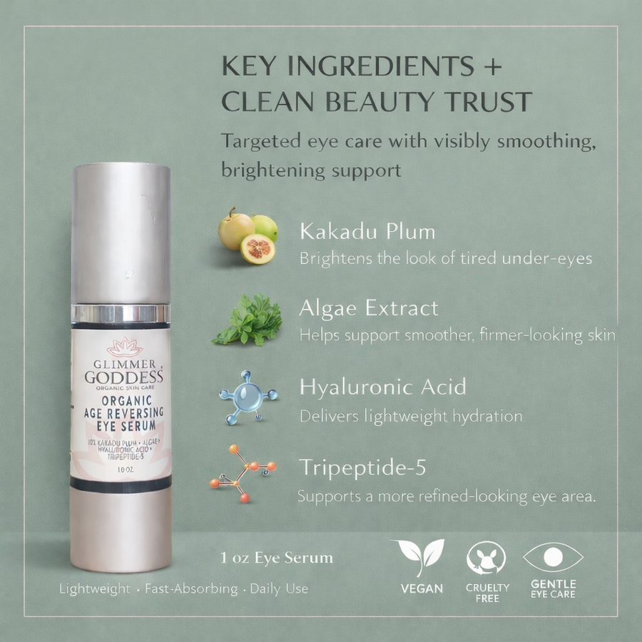 Organic Age Reversing Eye Serum for eyes by Glimmer Goddess® Organic Skin Care, featuring a sleek bottle with a dropper applicator.