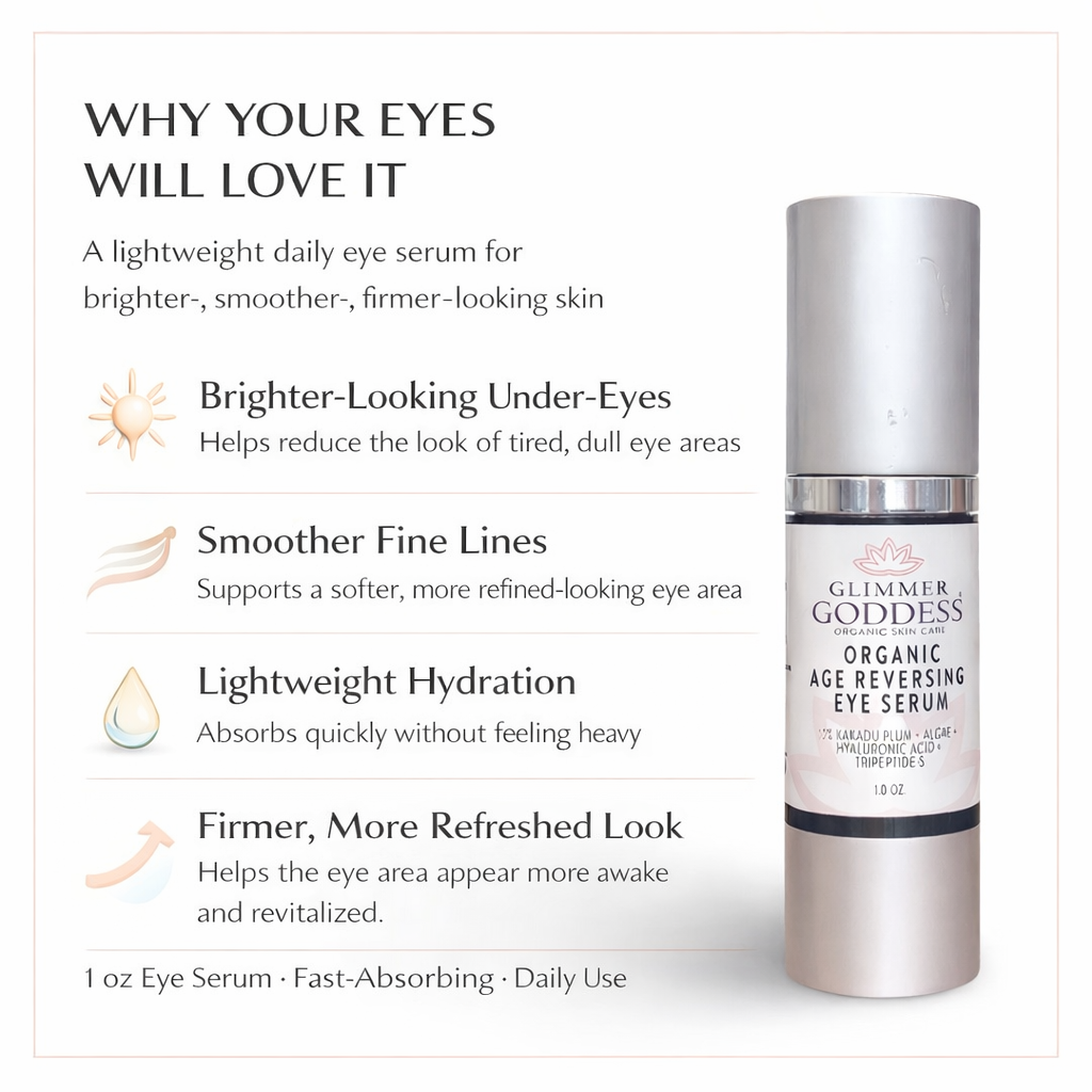 Organic Age Reversing Eye Serum for eyes by Glimmer Goddess® Organic Skin Care, featuring a sleek bottle with a dropper applicator.