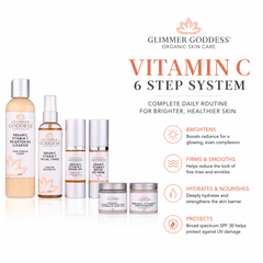 Glimmer Goddess Organic Skin Care Vitamin C 6-step anti-aging gift set with SPF 30 for brightening and skin renewal.