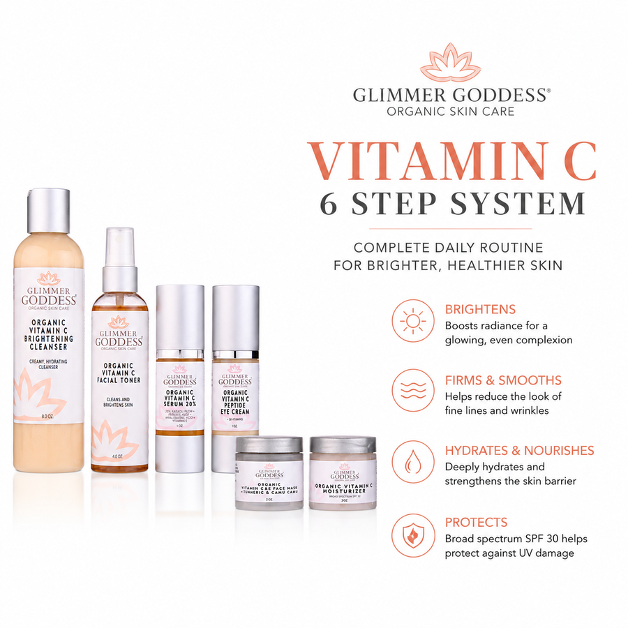 Glimmer Goddess Organic Skin Care Vitamin C 6-step anti-aging gift set with SPF 30 for brightening and skin renewal.