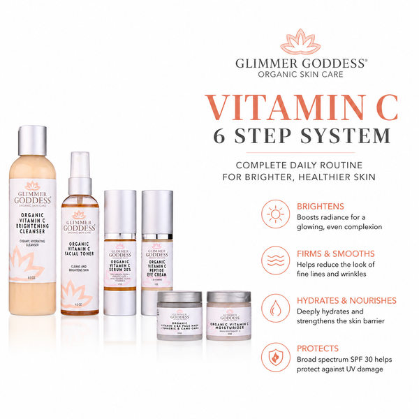 Glimmer Goddess Organic Skin Care Vitamin C 6-step anti-aging gift set with SPF 30 for brightening and skin renewal.