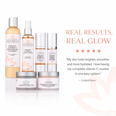 Glimmer Goddess Organic Skin Care Vitamin C 6-step anti-aging gift set with brightening routine and SPF 30, includes six skincare products.