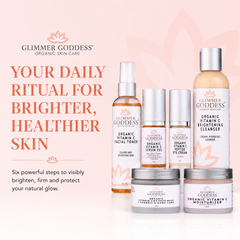 Glimmer Goddess Organic Skin Care Vitamin C 6-Step Anti-Aging Gift Set with SPF 30 for brightening and skin renewal.