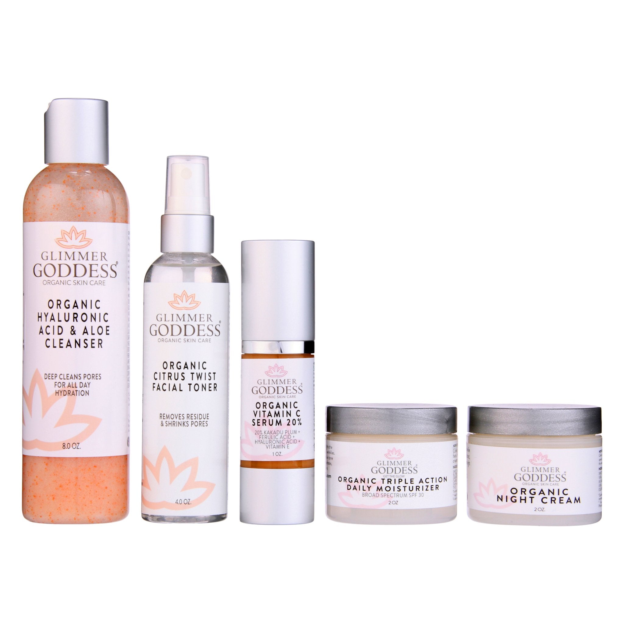 Complete Organic Anti-Wrinkle 5-Step Kit with Vitamin C and SPF 30 from Glimmer Goddess Organic Skin Care, shown in gift set packaging.