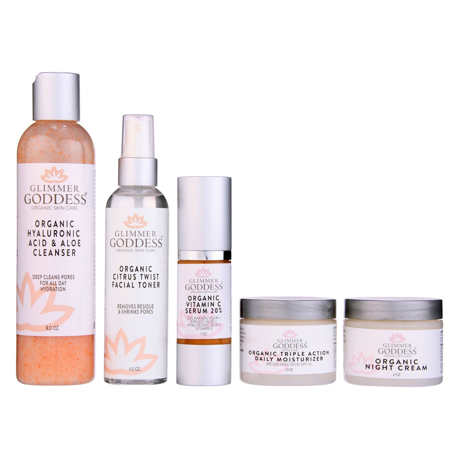Complete Organic Anti-Wrinkle 5-Step Kit with Vitamin C and SPF 30 from Glimmer Goddess Organic Skin Care, shown in gift set packaging.