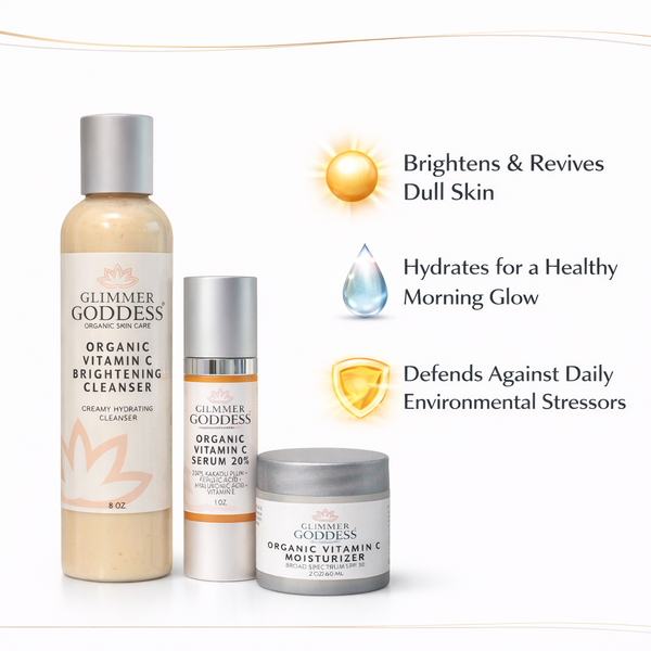 Glimmer Goddess Organic Skin Care Morning Glow Routine vitamin C 3-step brightening gift set with skincare products arranged on a white background.