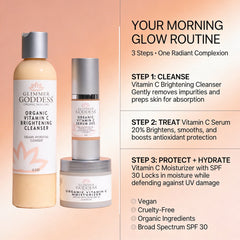 Glimmer Goddess Organic Skin Care Morning Glow Routine vitamin C 3-step brightening system gift pack with skincare products.